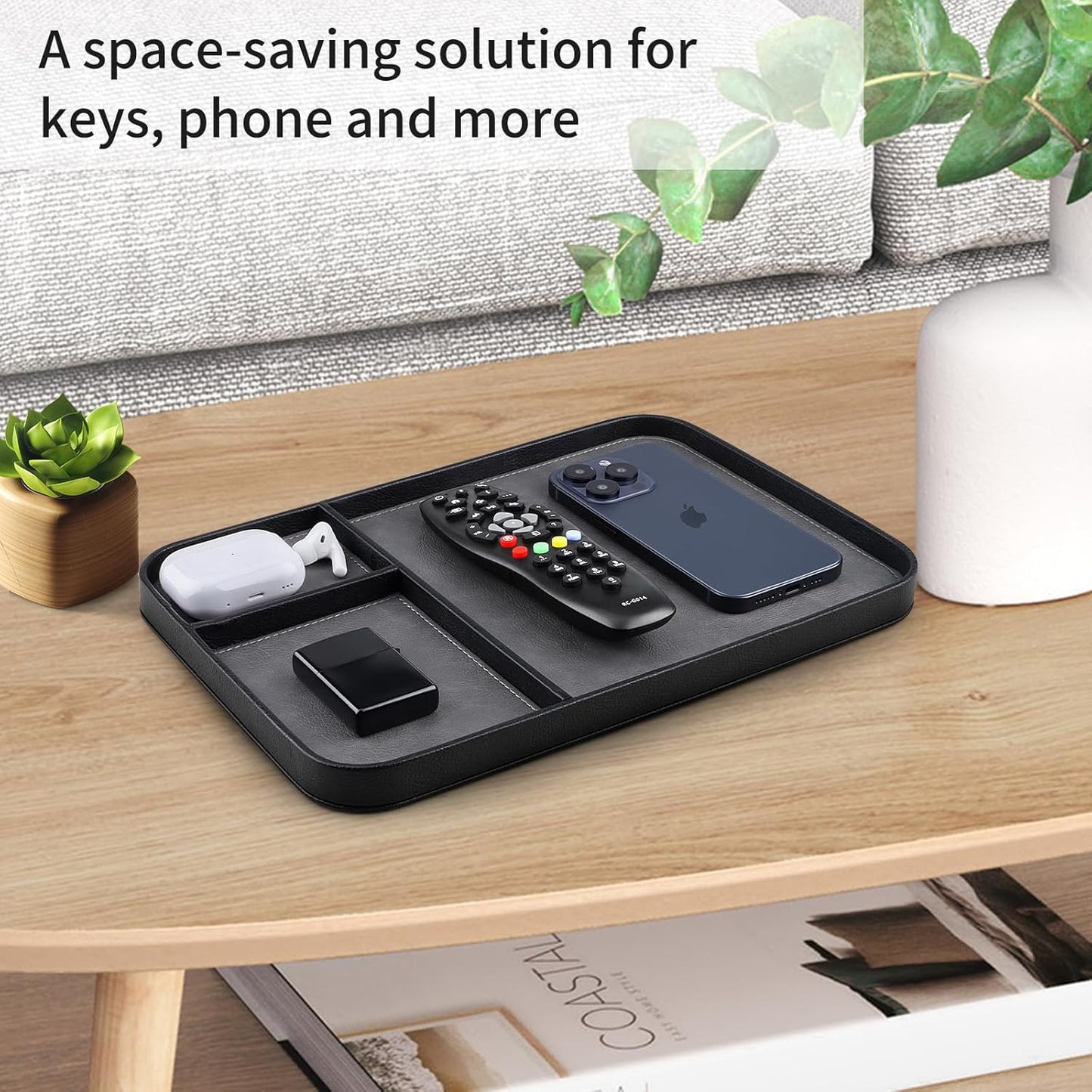 SENEN Leather Tray, Stylish and Organized Multifunctional Tray, for Table Entryway, Premium PU Leather, Catchall Tray for Keys, Watch, Wallet, Jewelry, and More (Black Frame)
