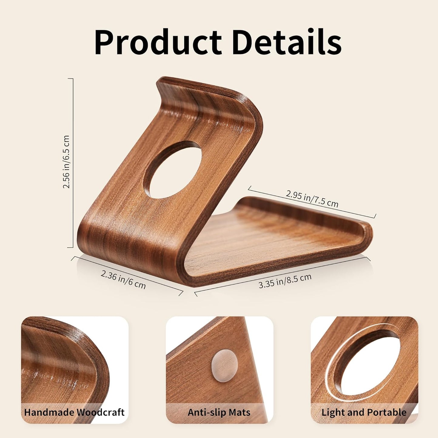 Cell Phone Stand for Desk - Portable Wood Phone Holder for Bed Compatible with iPhone 16 15 14 13 Pro Max 12 11 iPad mini, Smartphone, Wooden Office Aesthetic Desk Accessories