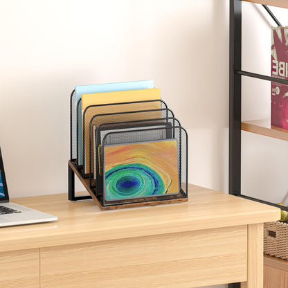 Piskyet Wooden Desk File Organizer, 5-Section Vertical File Folder Holder Stand,Metal Mail Paper Chromebook Organizer for Teacher Desk Office Classroom Desktop Organization（Inclined）