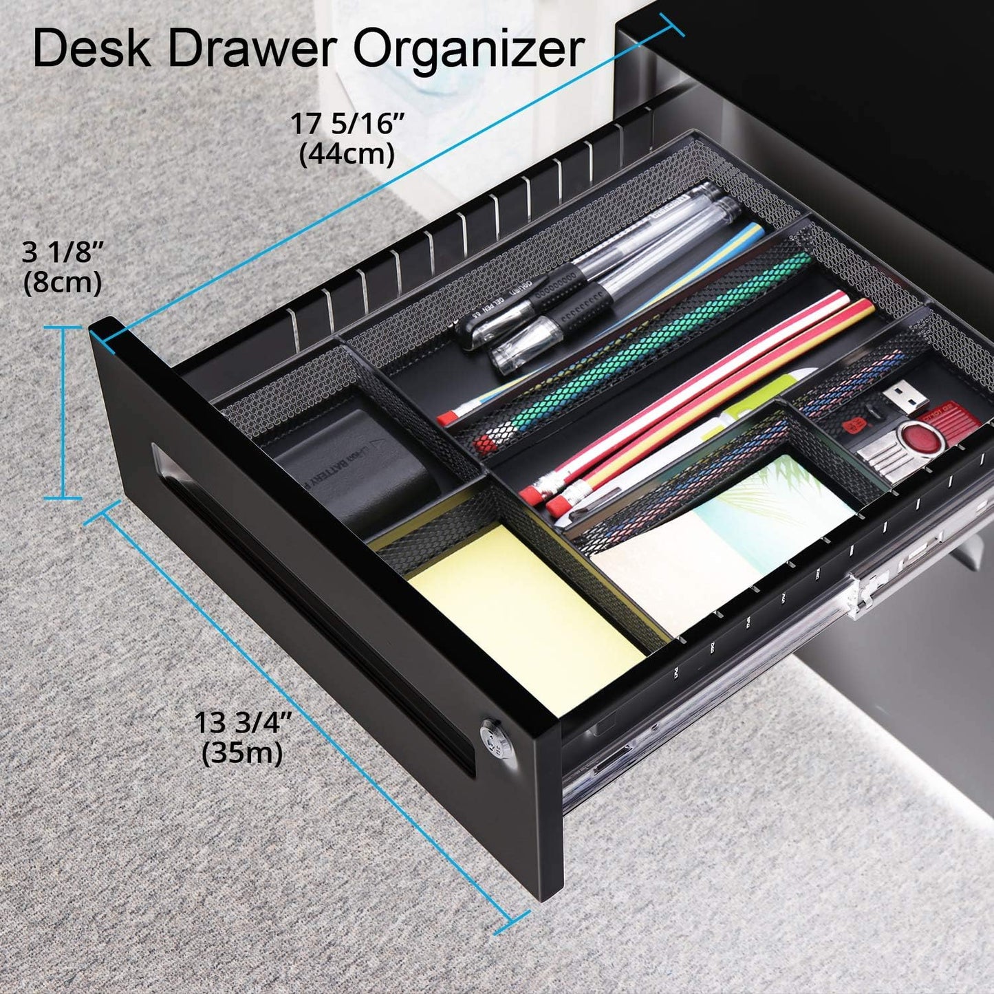 Desk Drawer Organizer, A4 Large Metal Mesh Desk Rrganizer Tray, Versatile Storage Box Set for Office Home Supplies,13 x 9 inches
