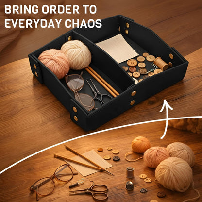 Valet Tray Organizer for Men & Women - PU Leather Catch All Tray with Removable Divider - EDC Storage for Keys, Watch, Phone - Nightstand, Dresser & Desk Organizer - Pacific Navy