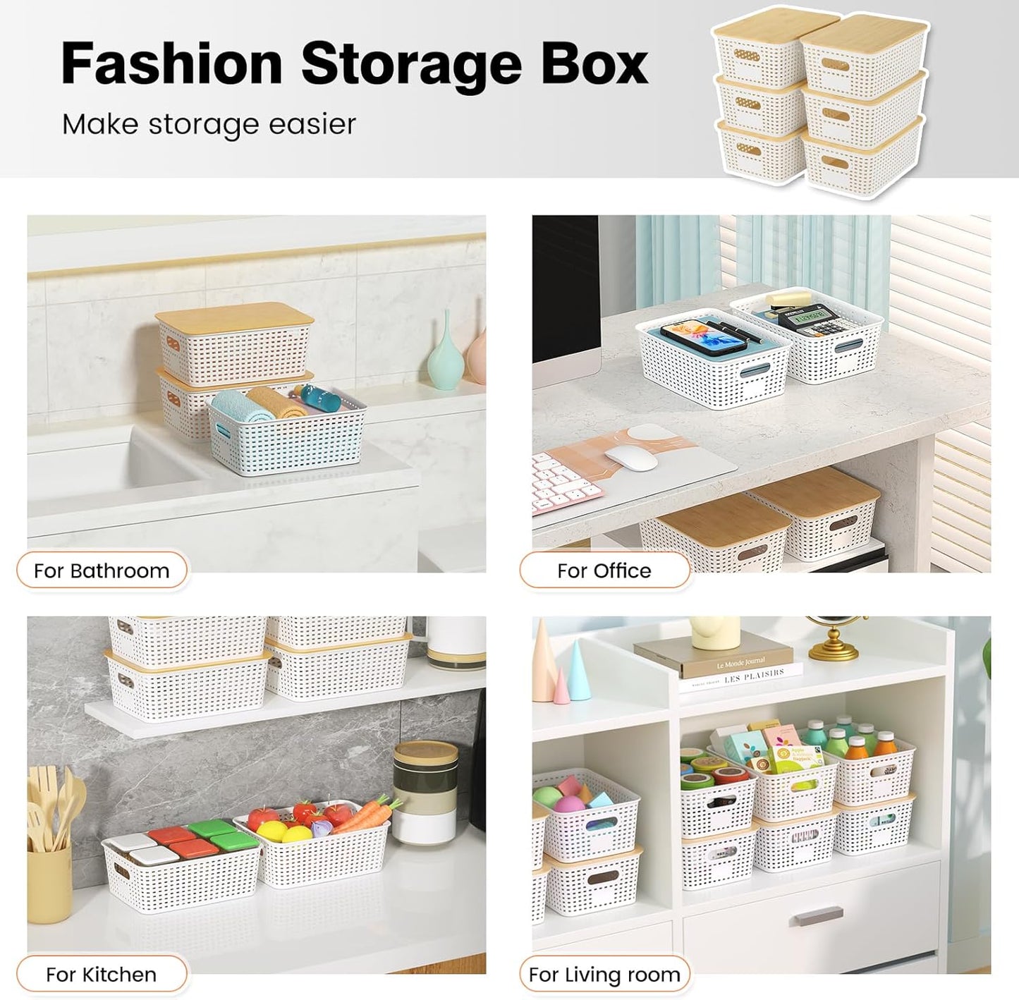 Ohmlove Plastic Storage Baskets With Bamboo Lid - Plastic Storage Containers Stackable Storage bins: Storage Baskets for Organizing Shelves Drawers Desktop Closet Playroom Classroom Office, 6 Pack