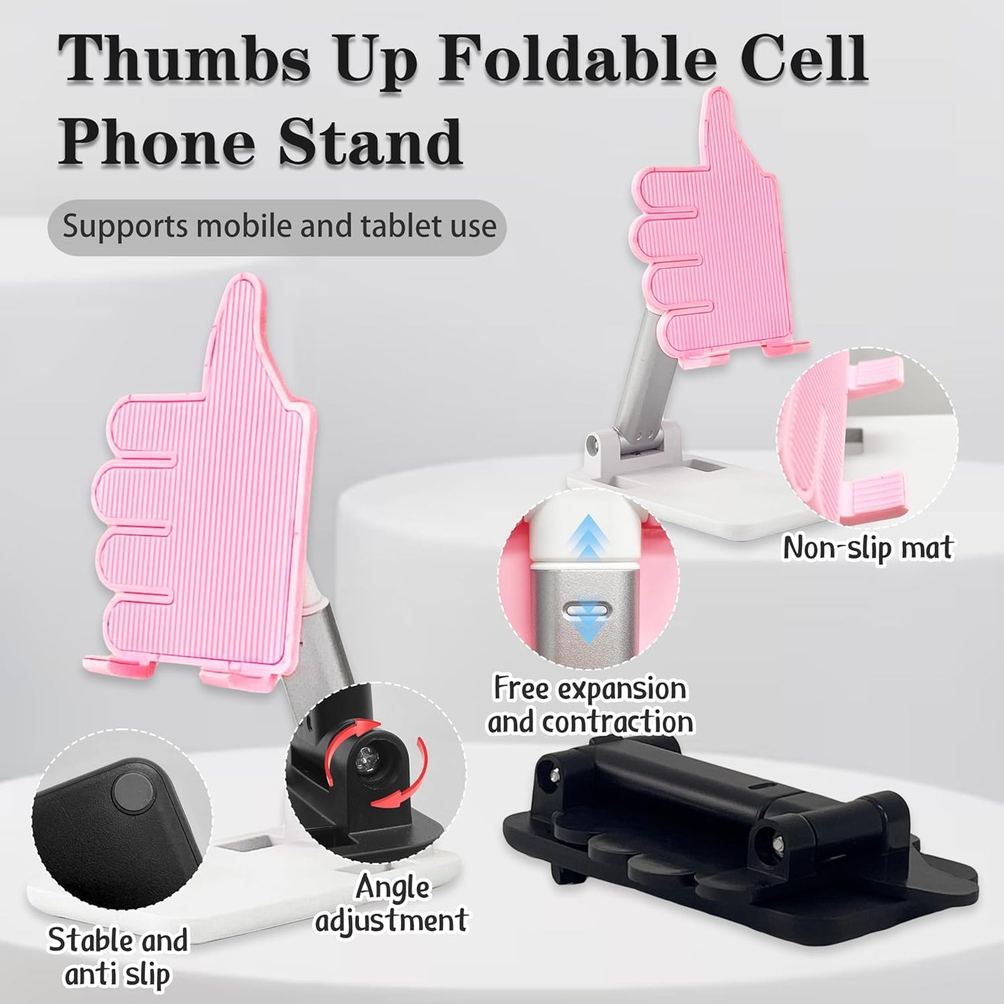 Mother's Day 2 Pack Black&Pink Thumbs Up Foldable Cell Phone Stand Holder for Desk,Adjustable Silicone Anti-Slip Compatible with All Mobile Phones,Cool Gadgets Fun Desktop Accessory