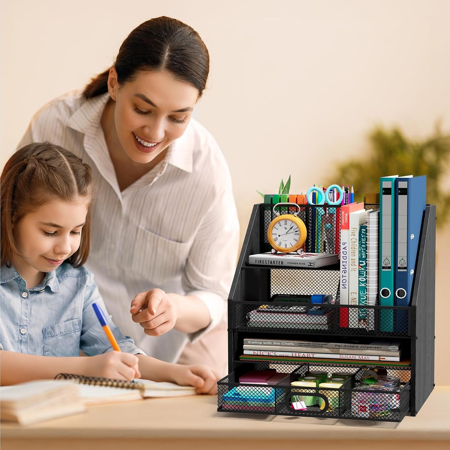 Homsorout Wooden Desk Organizer - Mesh File Organizer with Drawers and Pen Holder - 4-Tier Vertical Paper Letter Storage Tray, Desktop Organizers and Accessories for Home Office