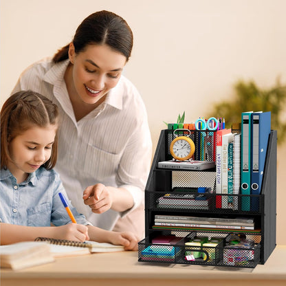 Homsorout Wooden Desk Organizer - Mesh File Organizer with Drawers and Pen Holder - 4-Tier Vertical Paper Letter Storage Tray, Desktop Organizers and Accessories for Home Office