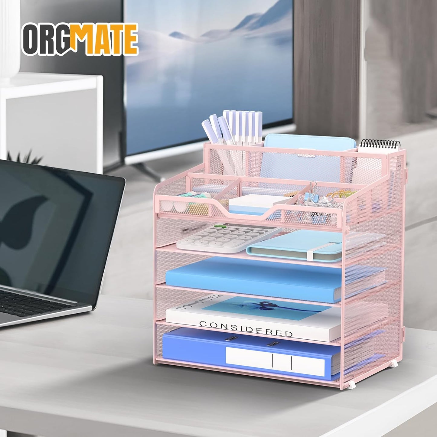 5 Tier Mesh Desk Organizer,Multi Functional Letter Paper Tray with 3 Pen Holders and 5 Adjustable Storage Compartments for Office Supplies Files and Mail Space Saving Desktop Organizer-Black