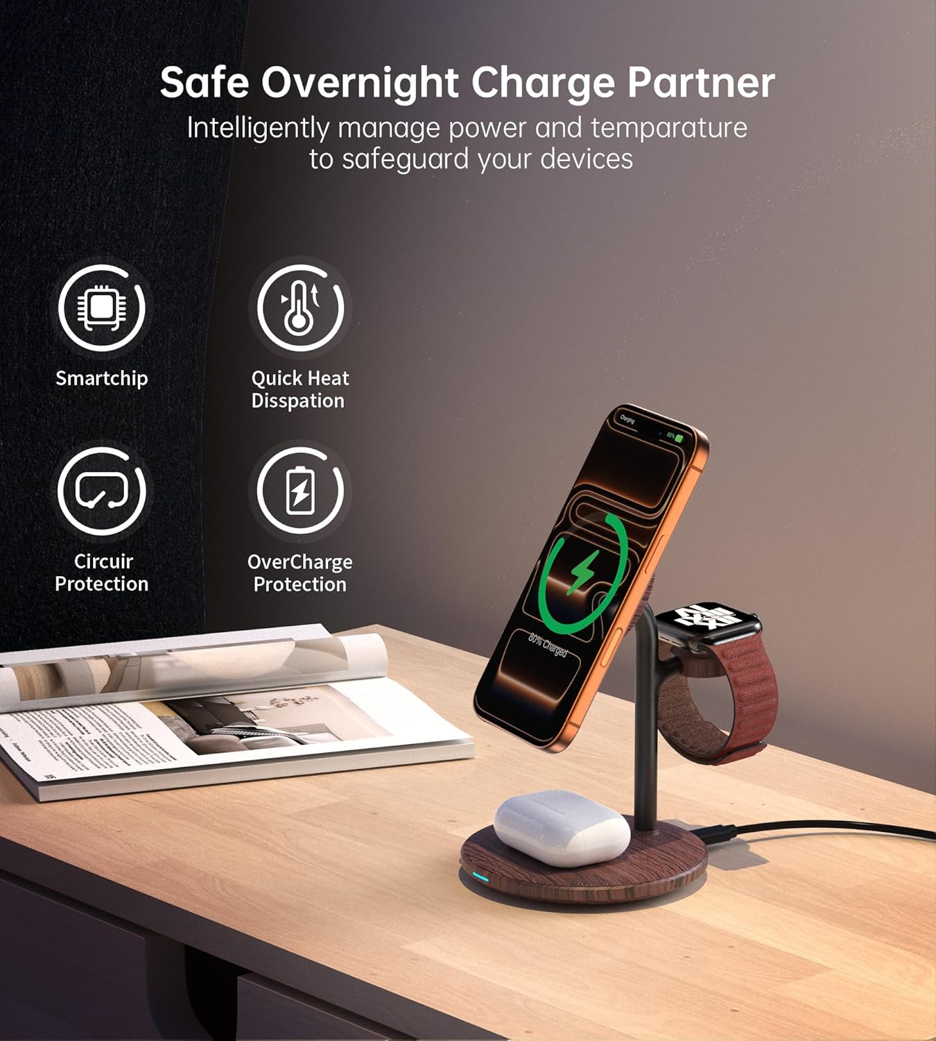 XooFly 3 in 1 Wireless Charging Station for Apple Devices, Fast Wireless Mag-Safe Charger Stand with 20W Adapter for iPhone 17 16 15 14 13 12 Pro Max/Air/Plus/Pro,iWatch,AirPods-Gift for Wife&Husband