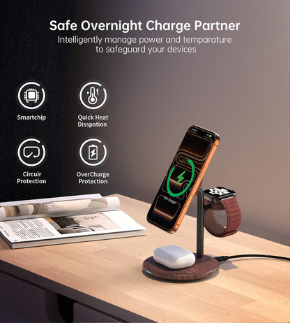 XooFly 3 in 1 Wireless Charging Station for Apple Devices, Fast Wireless Mag-Safe Charger Stand with 20W Adapter for iPhone 17 16 15 14 13 12 Pro Max/Air/Plus/Pro,iWatch,AirPods-Gift for Wife&Husband