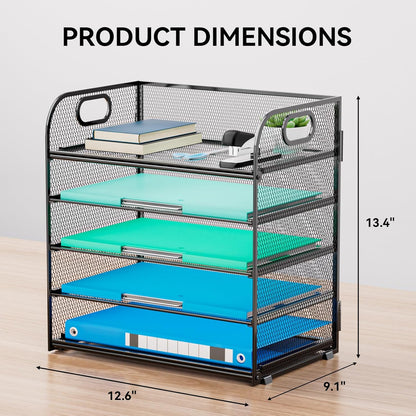 Paper Organizer Letter Tray with Handle, 5-Tier Black Stackable Desk Organizer with Metal Mesh, Sturdy Paper Tray for Office Desk, Home & Classroom Supplies Storage