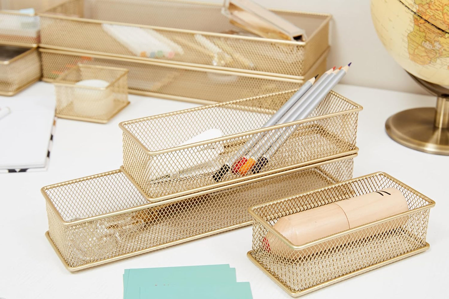 Annova Stackable Mesh Drawer Cabinet and Shelf Organizer Bins Storage Basket School Office Supply Holder Tray- Set of 2 (Gold, 3x3x2 Inch)