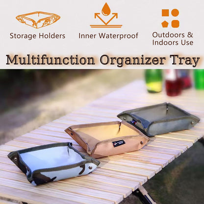 Foldable Valet Tray Set of 2, Portable Catchall Tray for Outdoor Camping Travel, Desktop Storage Organizer to Prevent Loss for Key, Phone, Wallet, Watch, Waterproof Oxford Fabric, X-Large, Camo