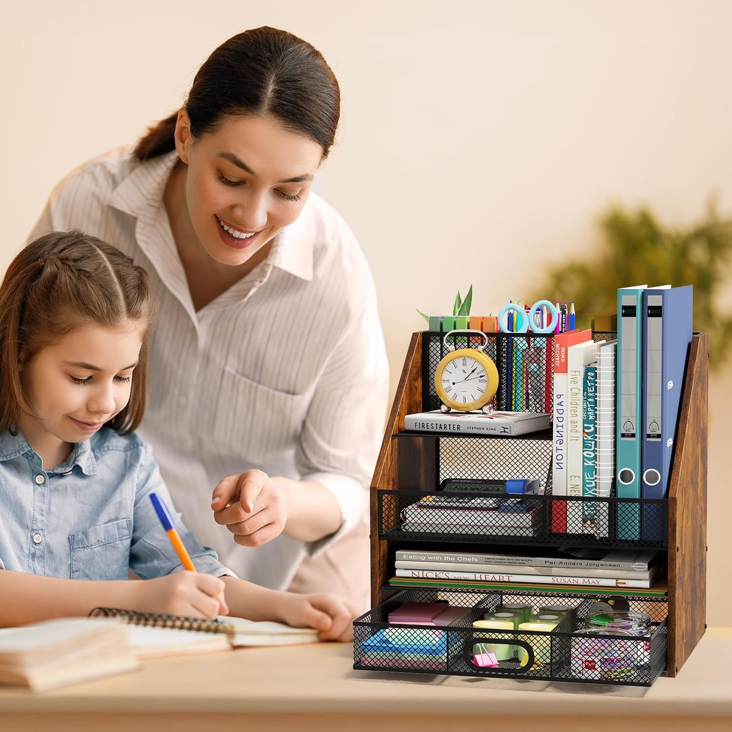 Homsorout Wooden Desk Organizer - Mesh File Organizer with Drawers and Pen Holder - 4-Tier Vertical Paper Letter Storage Tray, Desktop Organizers and Accessories for Home Office