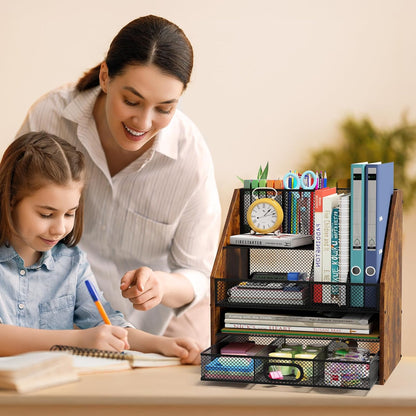 Homsorout Wooden Desk Organizer - Mesh File Organizer with Drawers and Pen Holder - 4-Tier Vertical Paper Letter Storage Tray, Desktop Organizers and Accessories for Home Office