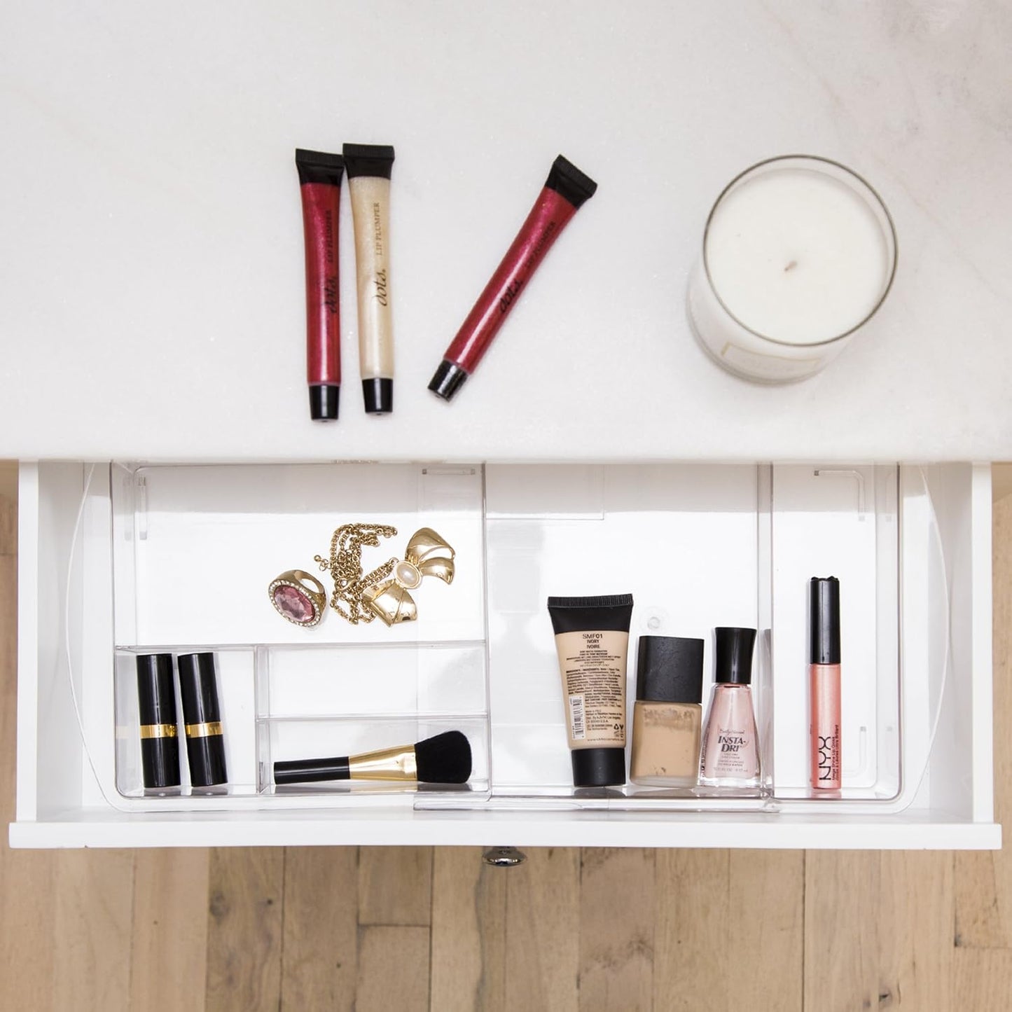 BINO | 7-Section Expandable Plastic Drawer Organizer | Makeup Storage | Space-Saving Makeup Storage | BPA - Free Material | Home Essential | Bathroom Vanity Organizer | Cosmetic