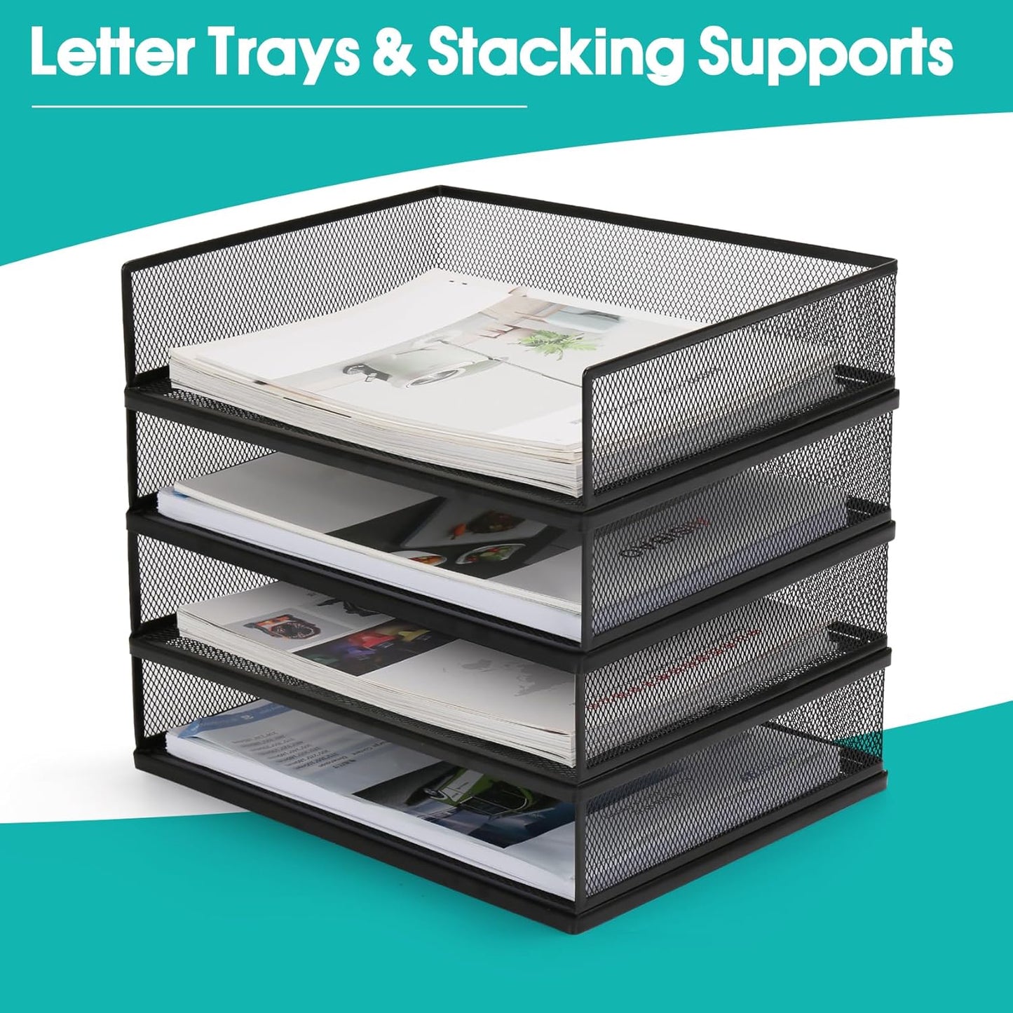 Wire Mesh Letter Trays Paper Tray Desk File Organizer, 2 Pack Stackable Metal Front-Load Documents Tray for Office Supplies File (Lengthways)