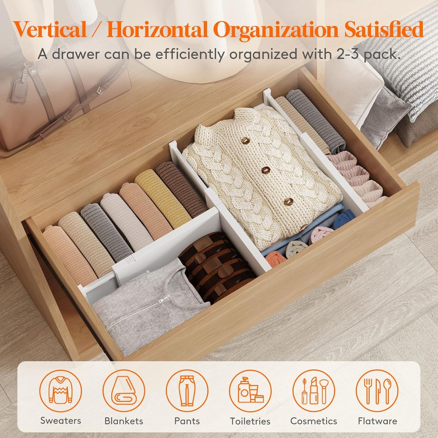 Lifewit 5 Pack 4" High Drawer Dividers 28-43.5cm/11-17" Adjustable Drawer Organizer for Clothes/Utensils, Expandable Drawer Separator in Dresser/Kitchen/Bedroom/Office Organization & Storage White