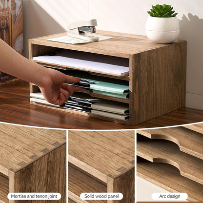 KIRIGEN Wooden Desktop Organizer Paper Storage Letter Tray File Sorter - Desk Rack Magazine File Dividers Holders for Home Office Accessories Wood Desk Cabinet with 3 Layer Trays Natural(3KWJG-NA)