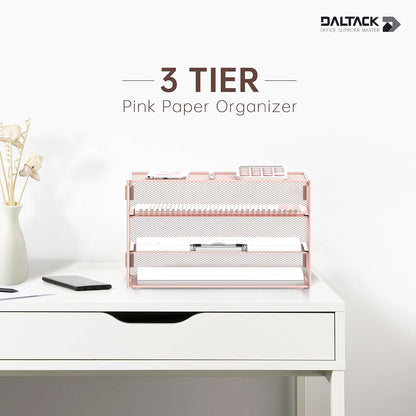 DALTACK 3 Tier Letter Tray Paper Organizer for Desk, Mesh Metal Desk File Organizer with Sliding Trays for Letter/A4 Paper, Mail, Bills & Folders, Black