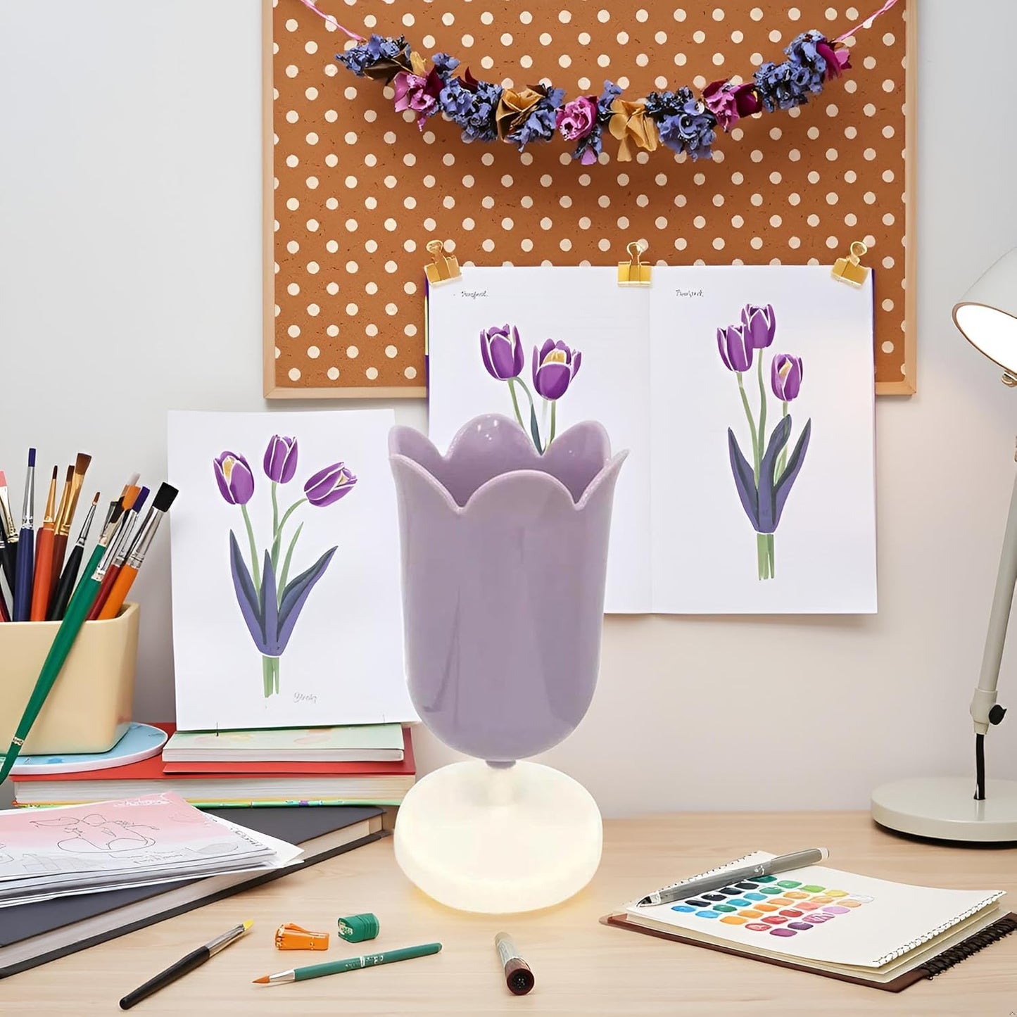 Pink Plastic Tulip Pen Holder Cute Pens Cup for Desk Pen Brush Organizer Office Stationery Supplies Home Decor Desk Supplies Holders and Dispensers(ZS399)