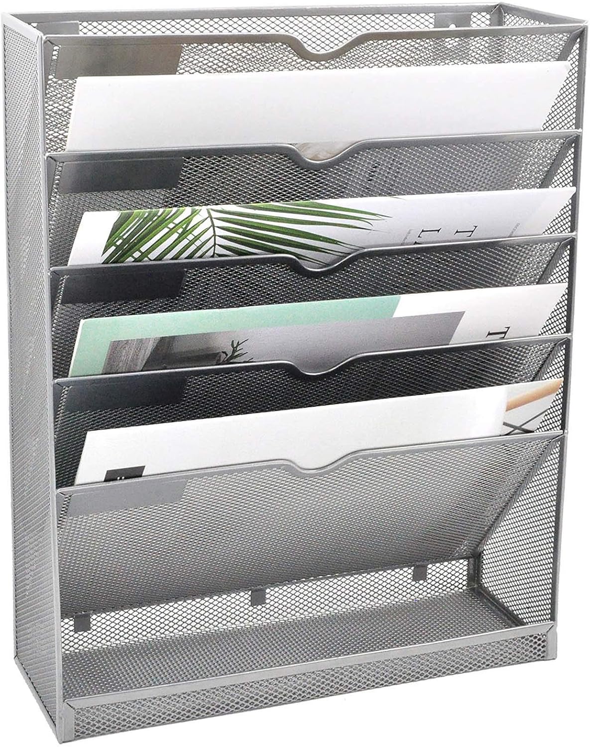 EASEPRES Desk File Organizer Mesh 6-Tier, Hanging Wall Mount Document Organization Stand, Desktop Vertical Mail Paper Folder Holder Rack with Bottom Tray for Office Home Cubicle Countertop, Black