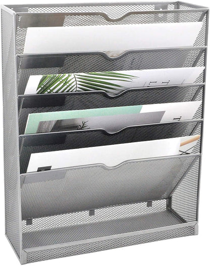EASEPRES Desk File Organizer Mesh 6-Tier, Hanging Wall Mount Document Organization Stand, Desktop Vertical Mail Paper Folder Holder Rack with Bottom Tray for Office Home Cubicle Countertop, Black