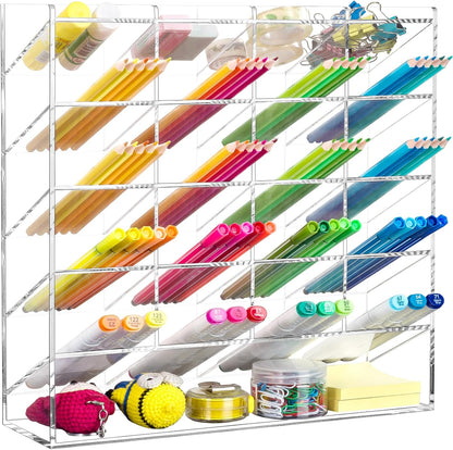 BEYGORM Acrylic Vertical Marker Organizer for 150 Markers with 13 Compartments, Clear Angled Pen & Pencil Holder, Large Desk Stationery & Art Supply Storage for Office & School (10.2 x 9.8 x 4 Inch)
