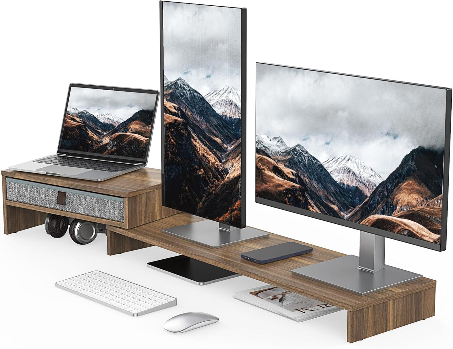 Fenge Computer Monitor Riser Stand with Drawer for 2 or 3 Monitors ,Adjustable Length and Angle Desktop Laptop Stand,Office Organizer,Printer,Black