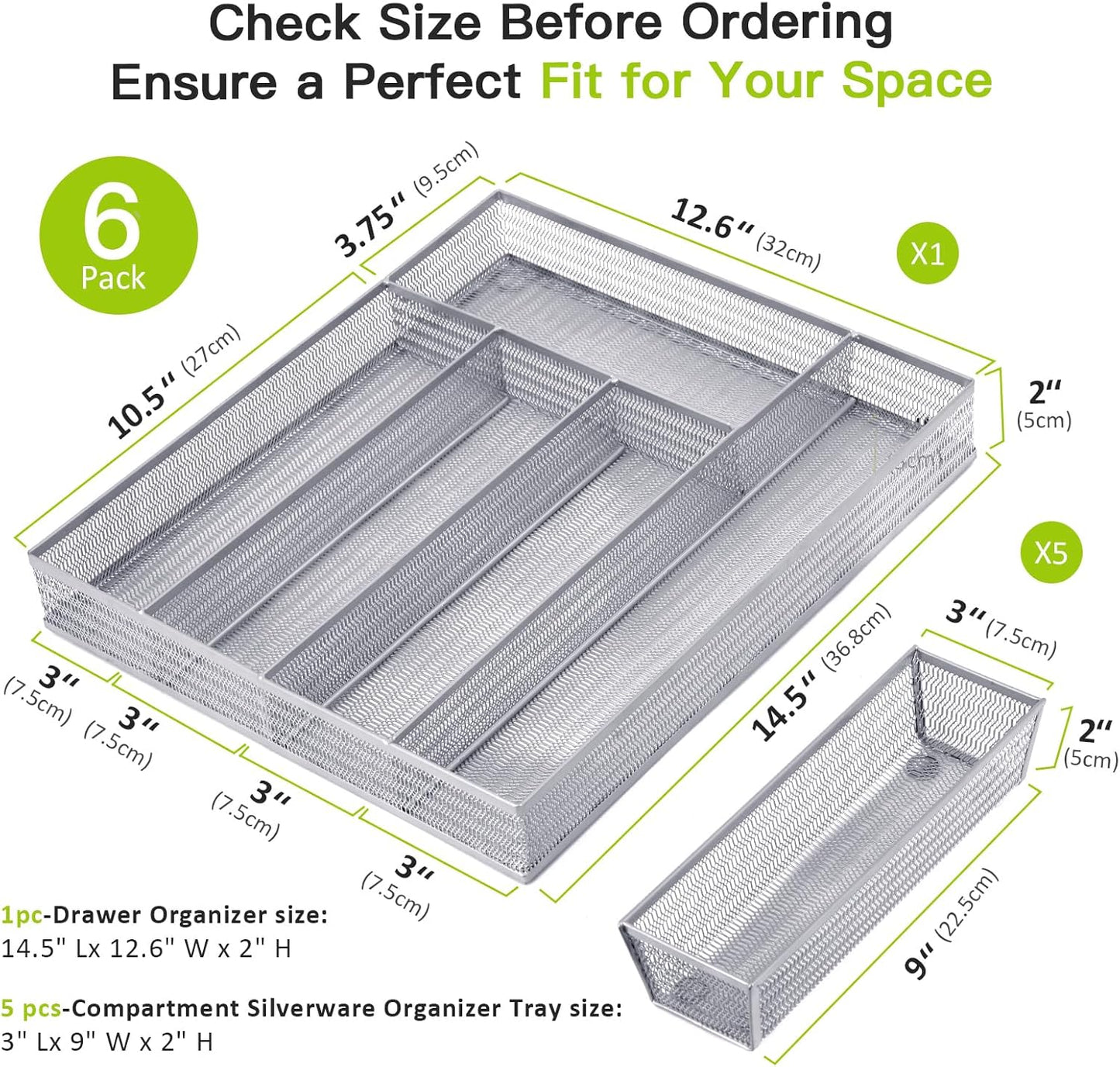Neudeco Drawer Organizer Set 6 Pack - 5-Compartment Silverware Organizer Tray + 5 Utensil Trays, Kitchen Drawer Organizer for Flatware, Cutlery, Office Supplies, Black Mesh, Non-Slip.