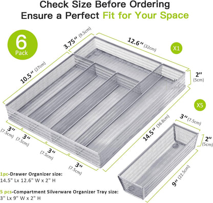 Neudeco Drawer Organizer Set 6 Pack - 5-Compartment Silverware Organizer Tray + 5 Utensil Trays, Kitchen Drawer Organizer for Flatware, Cutlery, Office Supplies, Black Mesh, Non-Slip.