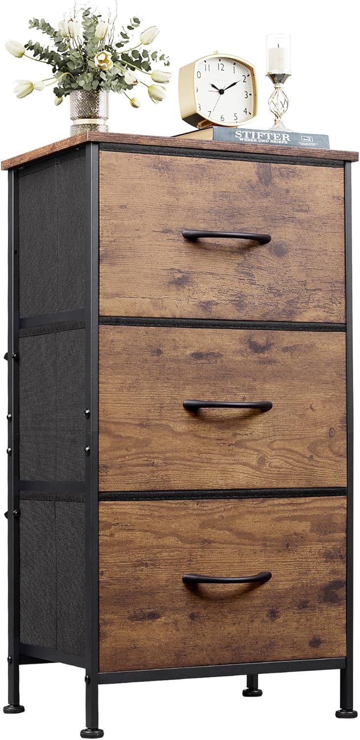 WLIVE Dresser with 3 Drawers, Fabric Nightstand, Cabinet with Wheels, Organizer Storage Dresser for Bedroom, Office, Entryway, Closets, Sturdy Steel Frame, Wood Top, Easy Pull Handle, White