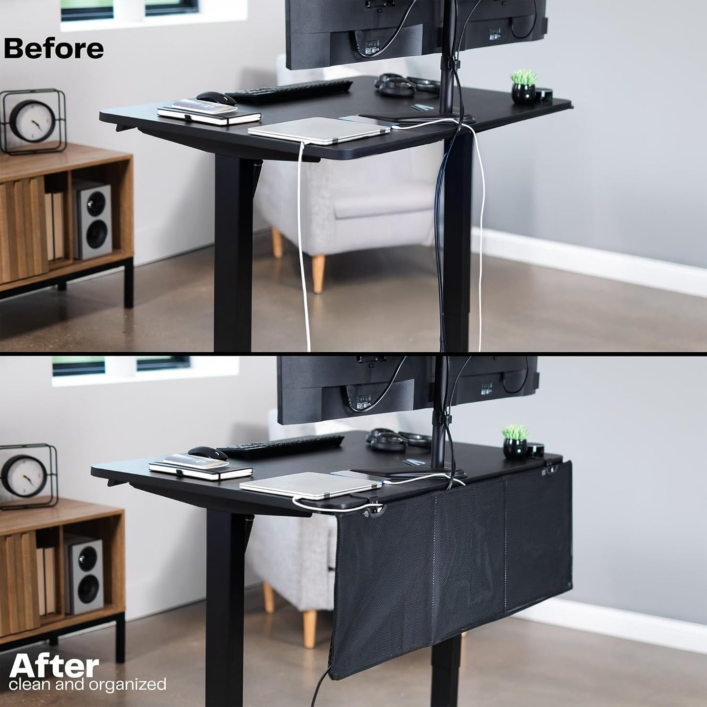 VIVO 48 Inch Clamp-on Privacy and Cable Management Organizer Sleeve, Wire Hider Kit Panel System, Desk Skirt, Black, DESK-SKIRT-48P