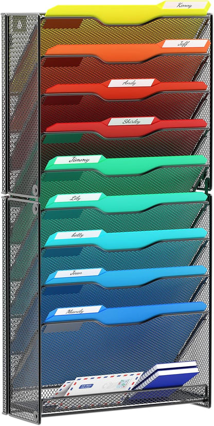 samstar 16 Tier Wall File Organizer Hanging Wall File Holder Wall Mount Paper Folder Organizer, Magazine Rack, Mesh Made,Black