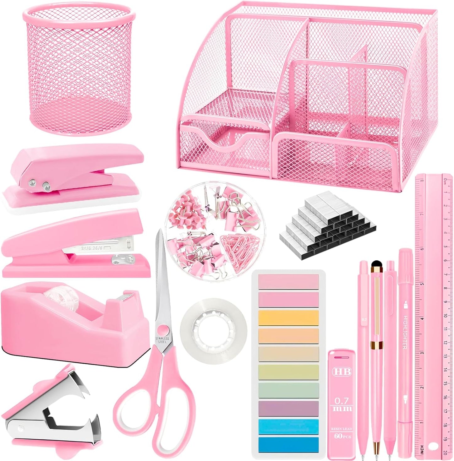 Purple Desk Accessories, 17Pcs Purple Office Supplies Set with Stapler, Mesh Desk Organizer, Tape Dispenser, Staple Remover, Pen Holder, Clips, Pens, Ruler, for Office Home School Women Students Gift