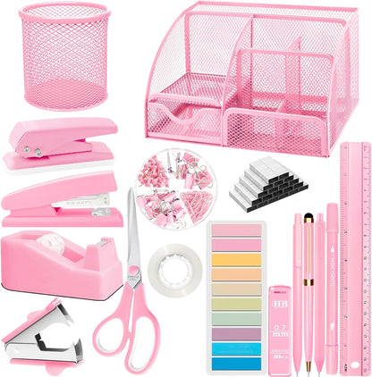 Purple Desk Accessories, 17Pcs Purple Office Supplies Set with Stapler, Mesh Desk Organizer, Tape Dispenser, Staple Remover, Pen Holder, Clips, Pens, Ruler, for Office Home School Women Students Gift