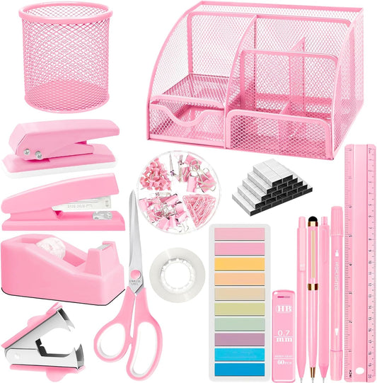 Purple Desk Accessories, 17Pcs Purple Office Supplies Set with Stapler, Mesh Desk Organizer, Tape Dispenser, Staple Remover, Pen Holder, Clips, Pens, Ruler, for Office Home School Women Students Gift