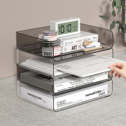 FANXIYQ 4-Tier Acrylic Paper Tray Organizer - Low-Profile Desk File Sorter for Office/Home, Clear Stackable Letter Tray for Bills, Crafts, Notebooks