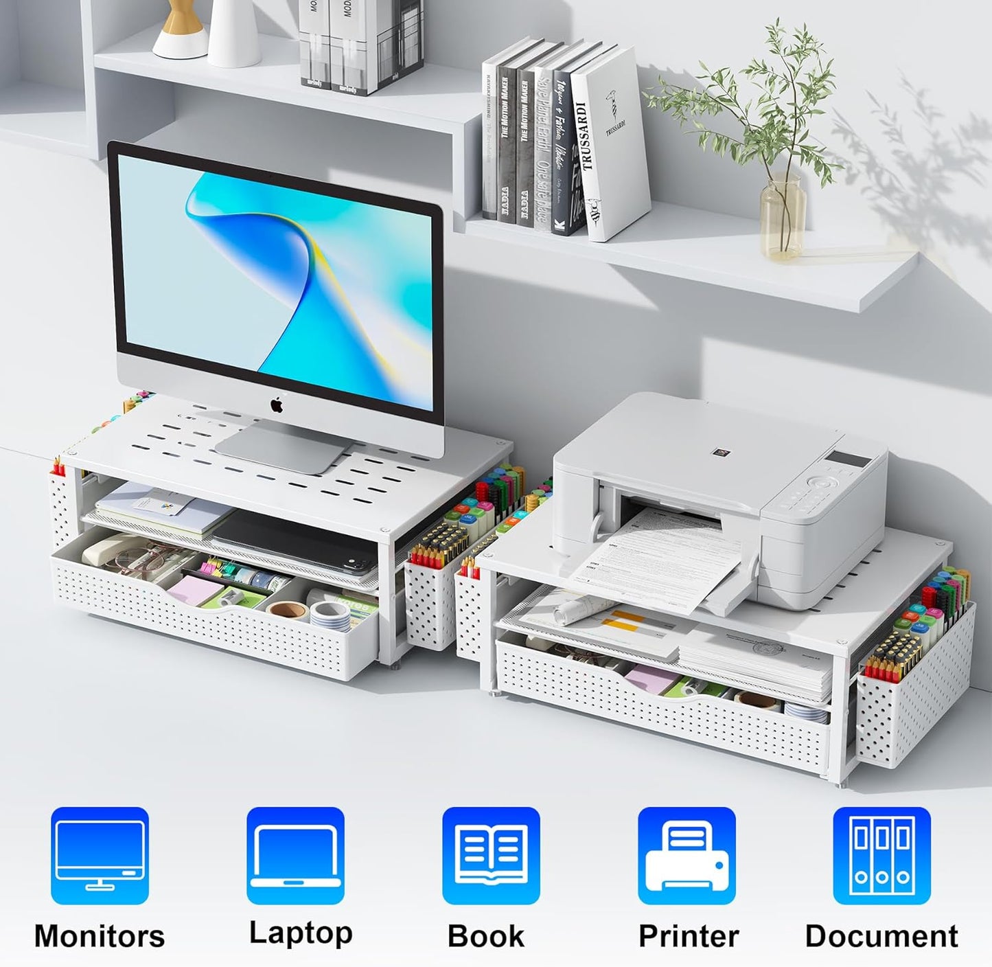 gianotter Wood Monitor Stand Riser, Office Desk Shelf Organizer, Desk Organizer with Drawer and Pen Holder, 2-Tier Computer Stand, Office Organization (Ink)