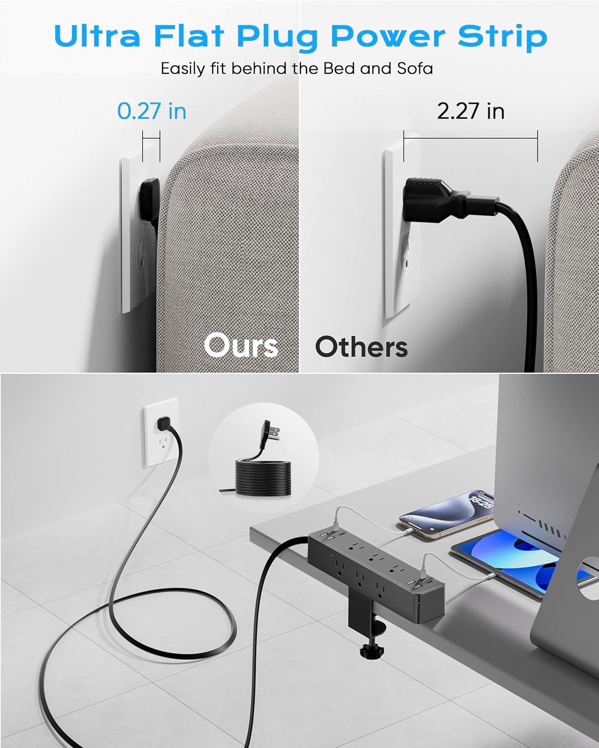 Flat Plug Desk Clamp Power Strip 10FT, 40W Total Fast Charging Station, Dual PD 20W USB C Ports, Desk Edge Mount Power Strip 9 AC Outlets 8 USB Ports(4 USB C) Surge Protector, Fit 1.7" Tabletop Edge