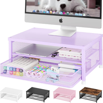 OPNICE Computer Monitor Stand Riser, Desk Organizer with Drawer, Printer & Laptop Stand, Office Desk Accessories & Workspace Desktop Organizers Storage for Office Supplies(Brown)