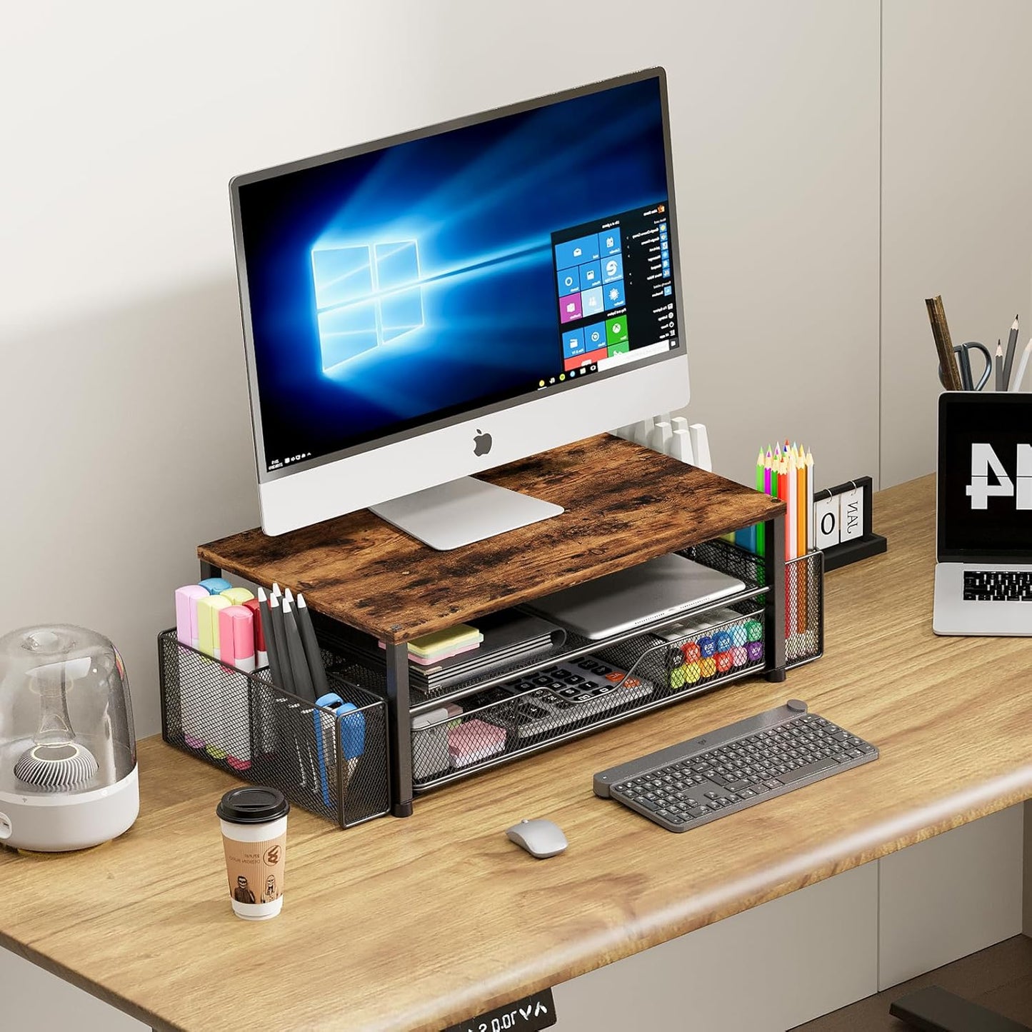 OPNICE Desk Organizer and Accessories, 2-Tier Computer Monitor Stand Riser with Drawer and 2 Pen Holders, Laptop Stand, Office Desk Accessories for Office Supplies, Black