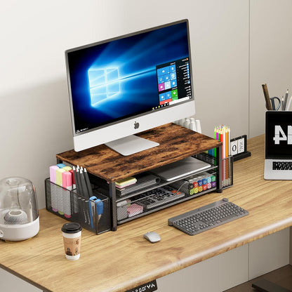 OPNICE Desk Organizer and Accessories, 2-Tier Computer Monitor Stand Riser with Drawer and 2 Pen Holders, Laptop Stand, Office Desk Accessories for Office Supplies, Black