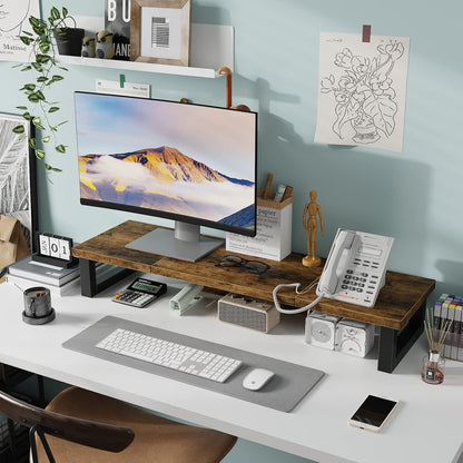WESTREE Dual Monitor Stand Riser, Wood and Steel Multi-Purpose Desktop Storage Stand for 2 Monitors for Computer, Laptop, Printer, TV, Rustic Brown