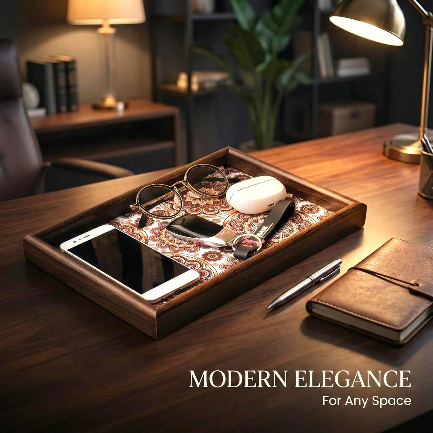 Zosenley Wooden Valet Tray with Leather Base - Nightstand Catchall Organizer for Cologne, Perfume, Keys, Wallet, Phone, Watch, Jewelry & Sunglasses (Black)