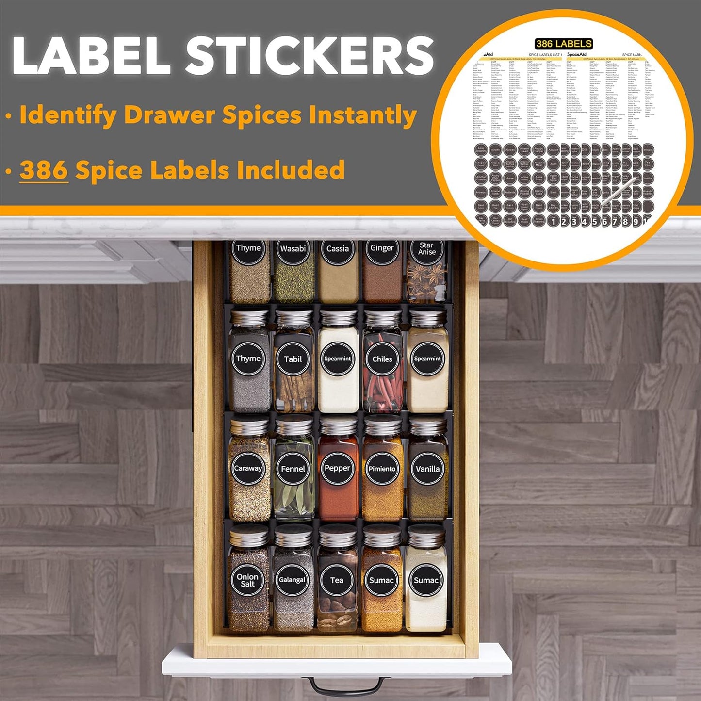 SpaceAid Spice Drawer Organizer with 28 Spice Jars, 386 Spice Labels, 4 Tier Seasoning Rack Tray Insert for Kitchen Drawers, 13" Wide x 17.5" Deep