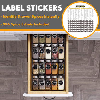 SpaceAid Spice Drawer Organizer with 28 Spice Jars, 386 Spice Labels, 4 Tier Seasoning Rack Tray Insert for Kitchen Drawers, 13" Wide x 17.5" Deep