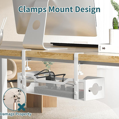 Under Desk Cable Management Tray No Drill, Metal Mesh Cable Management Under Desk with Clamp Mount, 2 Hole Cable Tray with Wire Management and Cord Organizer for Home Office Standing Desk
