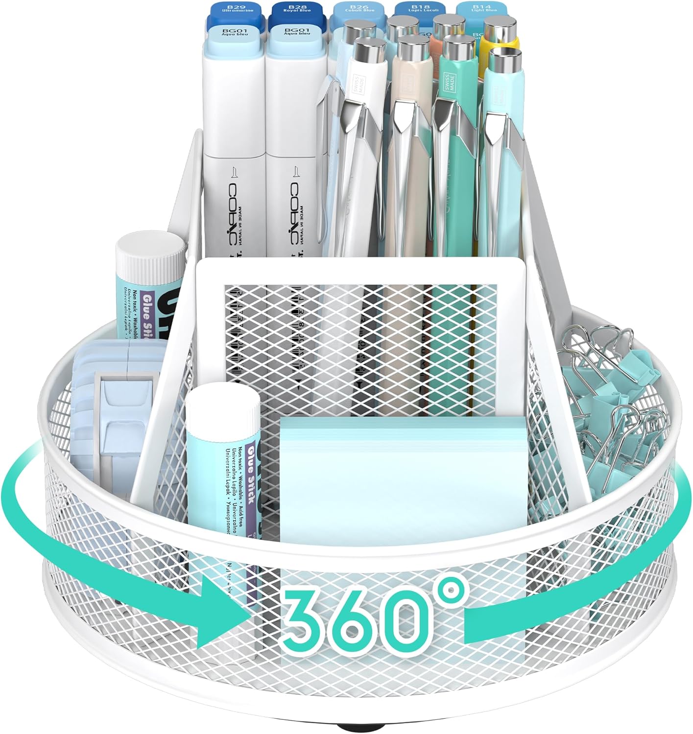 YINGHUA Metal Mesh Desk Organizer with 5 Compartments and Rotating Pencil Holder Pen and Stationery Organizer for Office Home School Anti Slip Base Blue