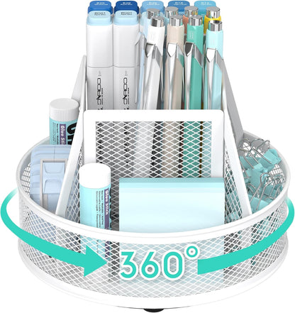 YINGHUA Metal Mesh Desk Organizer with 5 Compartments and Rotating Pencil Holder Pen and Stationery Organizer for Office Home School Anti Slip Base Blue