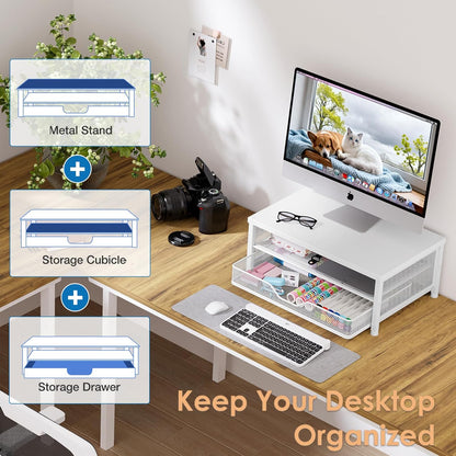 OPNICE Computer Monitor Stand Riser, Desk Organizer with Drawer, Printer & Laptop Stand, Office Desk Accessories & Workspace Desktop Organizers Storage for Office Supplies(Brown)