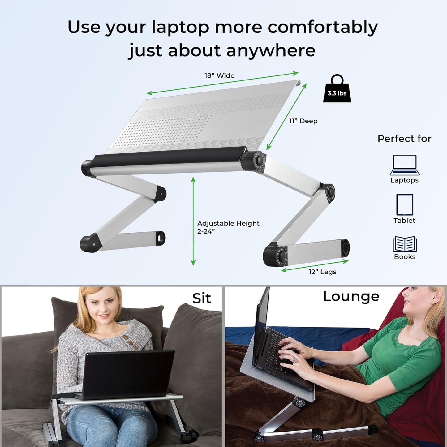 WorkEZ Executive Adjustable Ergonomic Laptop Cooling Stand & Lap Desk for Bed Couch folding aluminum desktop computer riser tray height tilt angle portable macbook cooling reading monitor,Black